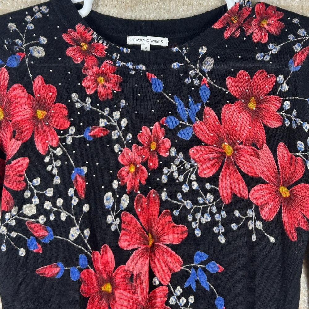 Emily Daniels Floral Sweater Cottagecore Rhinestone Black Red Medium Womens
